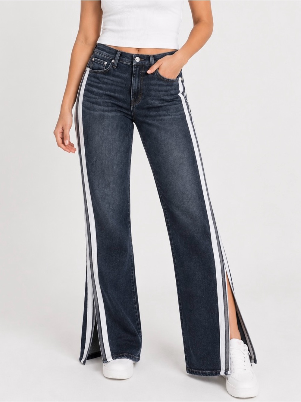 rag & bone Dark Blue Wide-Leg Jeans with White Side Stripes